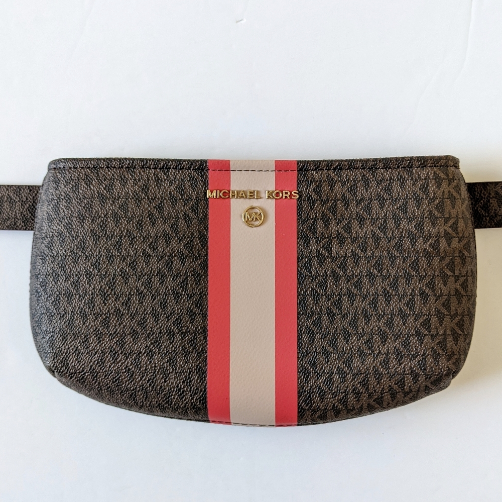 Michael Kors Brown Logo Striped Belt Bag Fanny Pack S-M